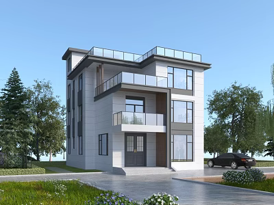Modern Detached Villa Exterior With Large Windows Balconies Driveway Lawn And Trees 3d model