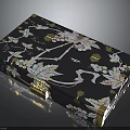 Intricately Carved Dark Blue Box with White Gold Floral Patterns and Golden Edges Clasp