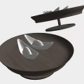 Two Modern Round Wooden Coffee Tables With Silver Boat Decorations
