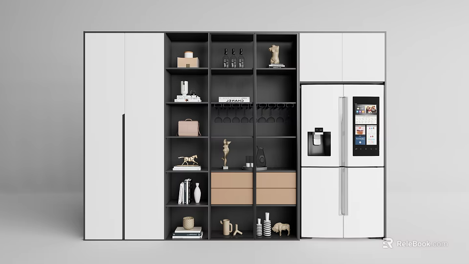 Modern Wine Cabinet Interior Design With Multiple Shelves Glassware And Decorative Items 3d model