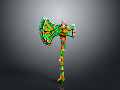 Decorative Axe With Green Yellow Patterns And Carved Wooden Handle 3d model