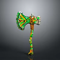 Decorative Axe With Green Yellow Patterns And Carved Wooden Handle