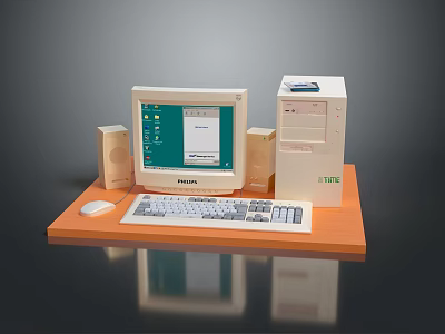 Vintage LITE Desktop Computer Setup With Monitor Keyboard Mouse And Speakers On Orange Platform 3d model