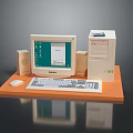 Vintage LITE Desktop Computer Setup With Monitor Keyboard Mouse And Speakers On Orange Platform
