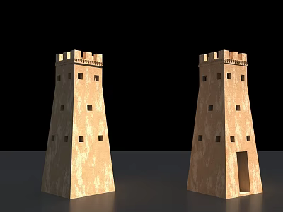 Two Beige Ancient Style Towers With Windows And Door On Black Background 3d model