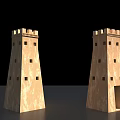 Two Beige Ancient Style Towers With Windows And Door On Black Background