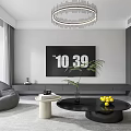 Modern Living Dining Room Interior With Beige Sofa Coffee Table Chandelier And Artwork