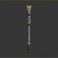 Fantasy Magical Weapon Design With Blue Crescent Blade And Golden Crown Top