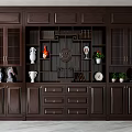 Dark Brown Chinese Style Decorative Cabinet With Compartments Drawers And Ornaments