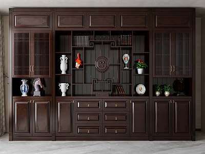 Dark Brown Chinese Style Decorative Cabinet With Compartments Drawers And Ornaments 3d model