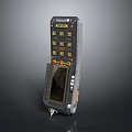 Advanced Handheld Weapon With Screen Multiple Buttons Gray Body Orange Accents And Cable