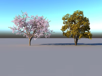 Two Arbor Trees With Pink Flowers And Yellow Leaves Against Blue Sky 3d model