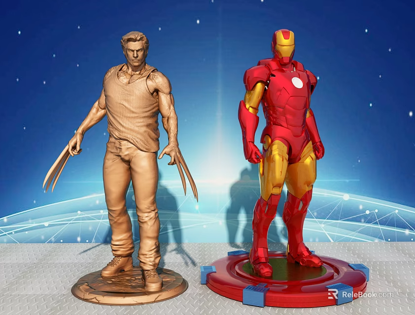 Wolverine Iron Man Action Figures with Brown Red Gold Outfits on Blue Starry Tech Background 3d model 