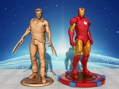 Wolverine Iron Man Action Figures with Brown Red Gold Outfits on Blue Starry Tech Background 3d model