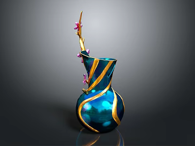 Artistic Sculpted Vase with Blue and Gold Stripes and Pink Flowers in Unique Curved Design 3d model