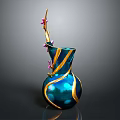 Artistic Sculpted Vase with Blue and Gold Stripes and Pink Flowers in Unique Curved Design