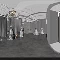 Elegant Bridal Shop Interior With White Wedding Dresses Mannequins Chandelier And White Curtains