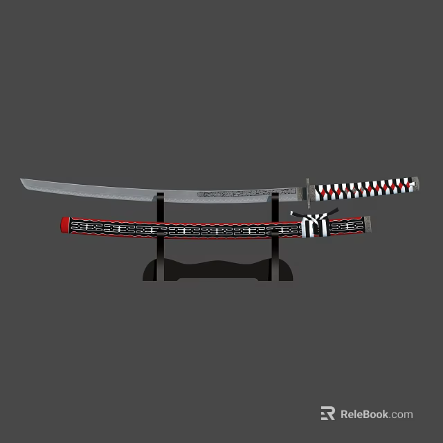 Samurai Warrior With Dragon Patterned Sword And Checkered Handle On Stand 3d model 