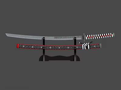 Samurai Warrior With Dragon Patterned Sword And Checkered Handle On Stand 3d model