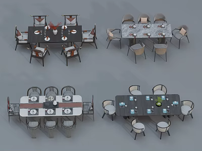 Various Modern Dining Table Combinations With Rectangular Tabletop Matching Chairs And Decorative Items 3d model