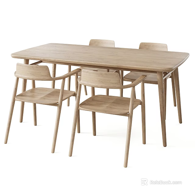 Wooden Dining Table Set With Four Chairs And Minimalist Rectangular Design 3d model 