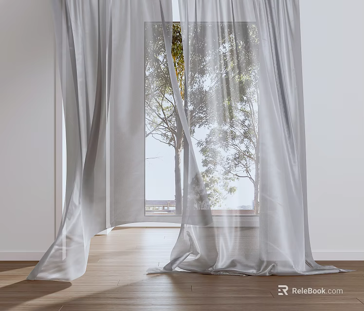 Lightweight Translucent White Curtains With Sunlight And Tree View In Bright Room 3d model 