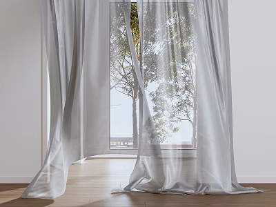 Lightweight Translucent White Curtains With Sunlight And Tree View In Bright Room 3d model