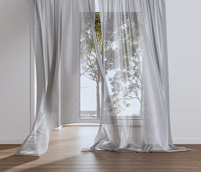 Lightweight Translucent White Curtains With Sunlight And Tree View In Bright Room 3d model
