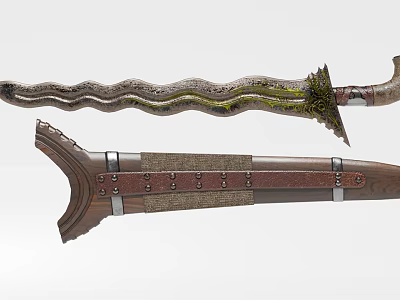 Decorative Wavy Blade Weapon With Carved Hilt Wooden Scabbard And Green Accents 3d model