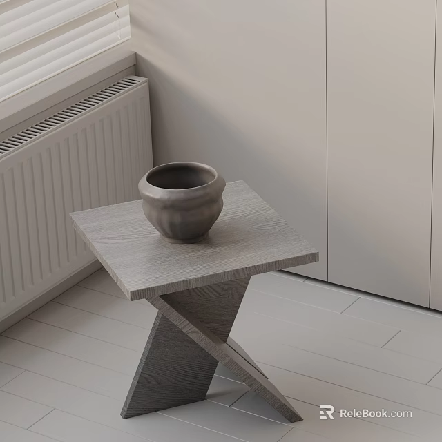 Modern Wooden Side Table With Cross Leg Design And Ceramic Pot In Minimalist Room Corner 3d model 