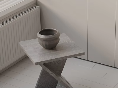 Modern Wooden Side Table With Cross Leg Design And Ceramic Pot In Minimalist Room Corner 3d model