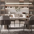 Elegant Modern Dining Room With Round Table Upholstered Chairs Hanging Lights And Wall Cabinets