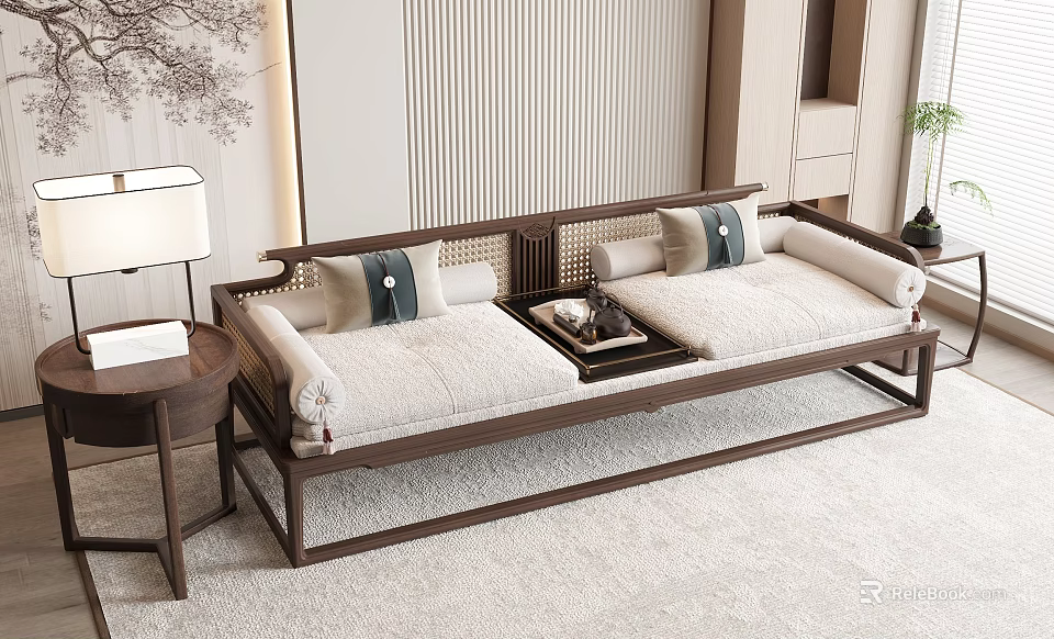 Chinese Design Two Seater Sofa With Wooden Frame White Cushions Side Table And Floor Lamp In Living Room 3d model 