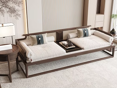 Chinese Design Two Seater Sofa With Wooden Frame White Cushions Side Table And Floor Lamp In Living Room 3d model