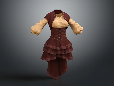 Maroon And Cream Corset Style Dress With Puffed Sleeves And Layered Ruffled Skirt 3d model