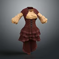 Maroon And Cream Corset Style Dress With Puffed Sleeves And Layered Ruffled Skirt