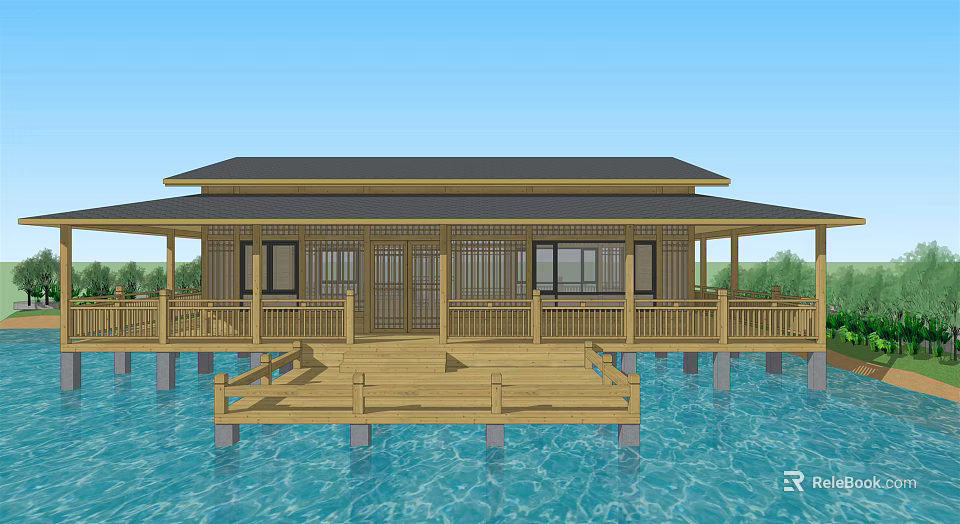 Wooden House on Water with Wooden Deck Railing and Dark Roof Design 3d model 