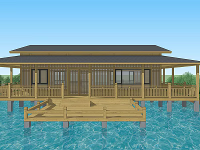 Wooden House on Water with Wooden Deck Railing and Dark Roof Design 3d model