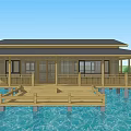 Wooden House on Water with Wooden Deck Railing and Dark Roof Design