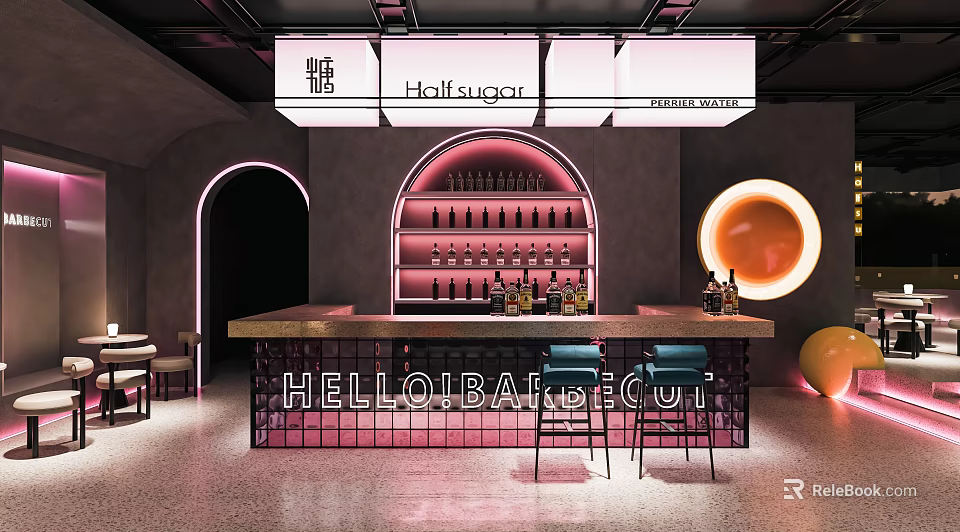 Modern Bar Interior With Neon Lighting Bar Counter Wine Rack And Blue Stools 3d model 