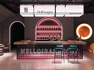 Modern Bar Interior With Neon Lighting Bar Counter Wine Rack And Blue Stools 3d model