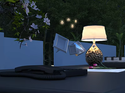 Decorative Scene With White Flower Tree Glowing Lights Stone Lamp Open Mirrors And Pink Flowers 3d model