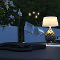 Decorative Scene With White Flower Tree Glowing Lights Stone Lamp Open Mirrors And Pink Flowers