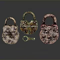 Rustic Antique Iron Padlocks Arranged With Small Vintage Key on Reflective Surface 3d model