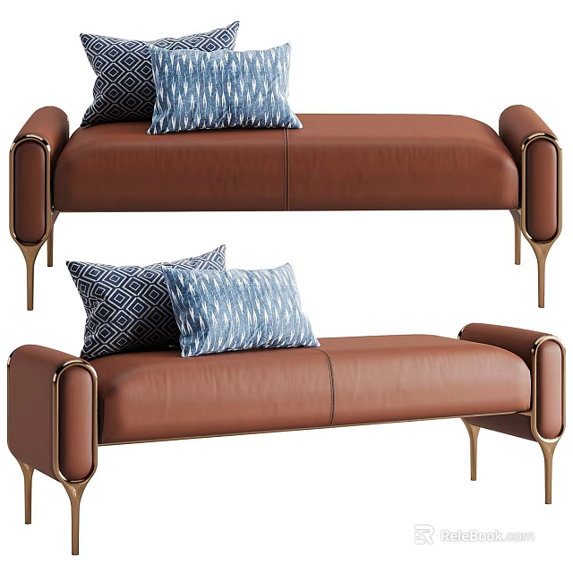 Leather Sofa Bench With Gold Legs Armrests And Blue White Patterned Pillows 3d model 