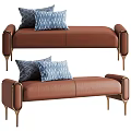 Leather Sofa Bench With Gold Legs Armrests And Blue White Patterned Pillows 3d model