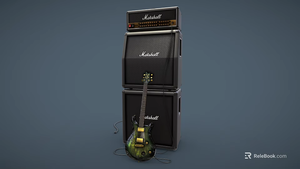 Marshall Electric Guitar With Stacked Amplifiers And Audio Cables Music Setup 3d model 