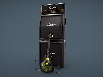 Marshall Electric Guitar With Stacked Amplifiers And Audio Cables Music Setup 3d model