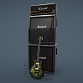 Marshall Electric Guitar With Stacked Amplifiers And Audio Cables Music Setup