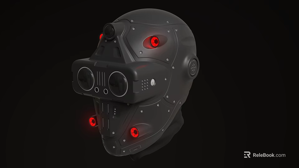 Game Movie Character Black Mechanical Helmet With Red Glowing Elements And Futuristic Design 3d model 